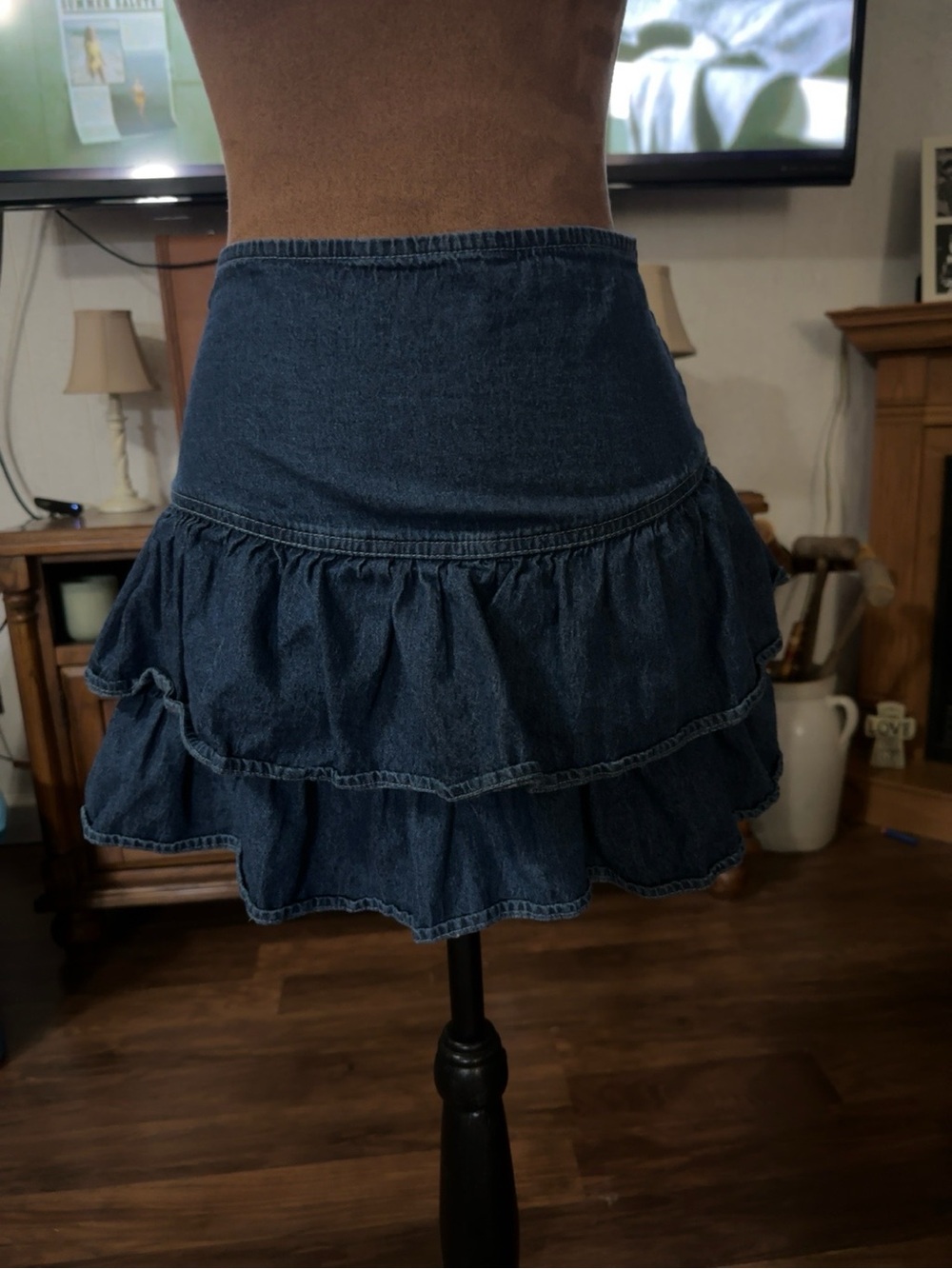 Lone Star Y2K Denim Ruffle Mini Skirt Smocked Waist Tiered Dark Wash
